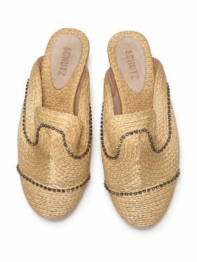 Schutz Heidi Crystal Embellished Straw Mule Flats Natural Size 8B
